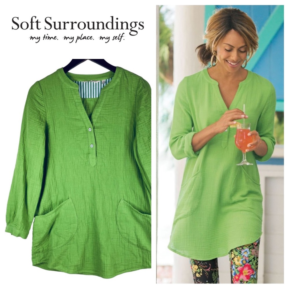 Soft Surroundings Santorini Gauze Top Tunic Shirt Small Lime Green Flowy Pocket
